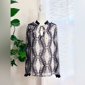Forever 21 Contemporary Blue and White  Long Sleeve Geometric Tie-Neck Blouse